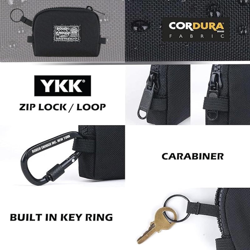 RE ROUGH ENOUGH Rough Enough Small Coin Purse Card Wallet Keychain Pouch for Men Women with Zipper Neck Lanyard Black Cordura Water Repellent - Image 2